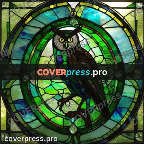 Stained glass illustration: owl in a green window