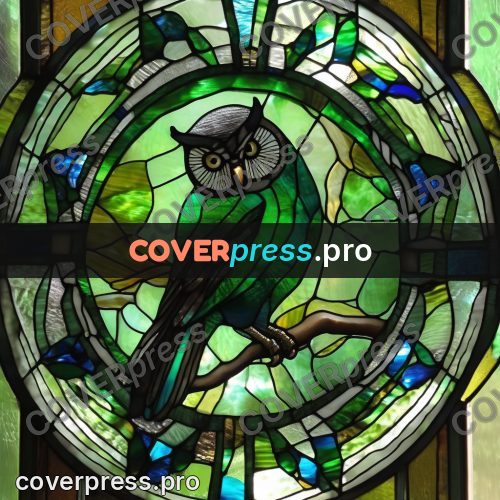 Stained glass illustration: owl in a green window