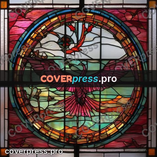 Stained glass illustration: bird in a round window