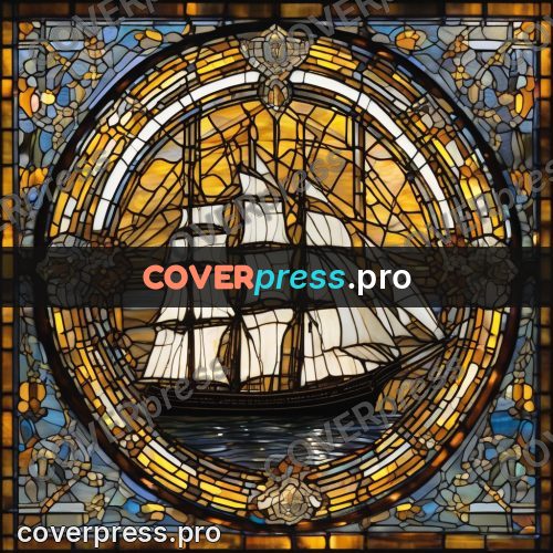 Stained glass illustration: sailing ship in a circle