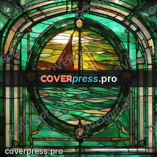 Stained glass illustration: emerald water in an oval window