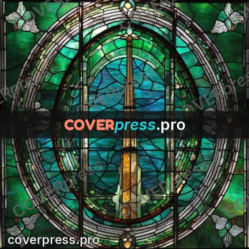 Stained glass illustration: emerald water in an oval window