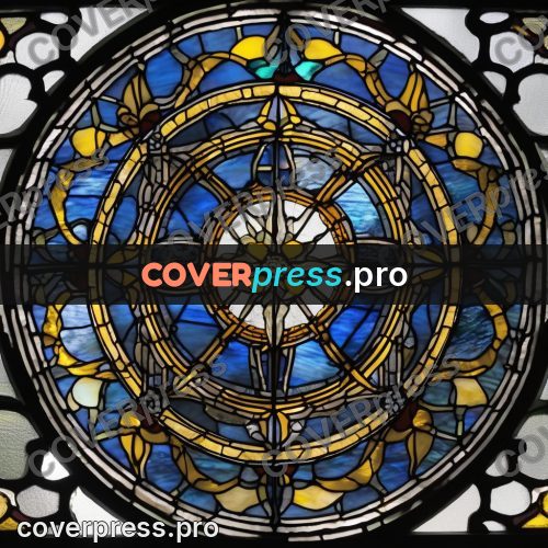 Stained glass illustration: round rose with a star