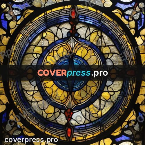 Stained glass illustration: round rose with a star