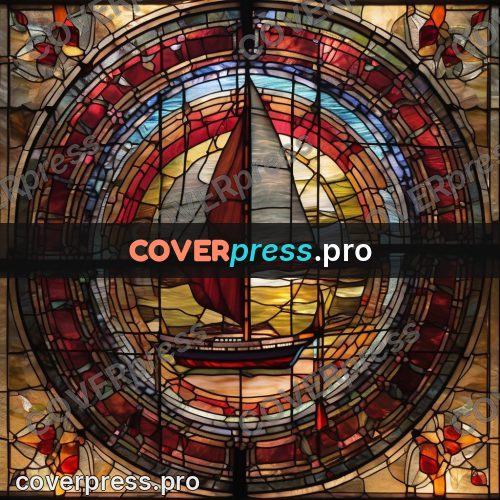 Stained glass illustration: red pattern in a round window