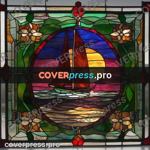 Stained glass illustration: sailboat on sunset water