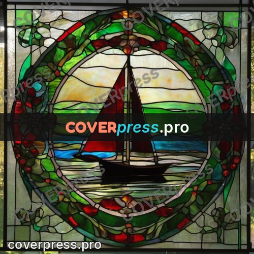 Stained glass illustration: sailboat on sunset water