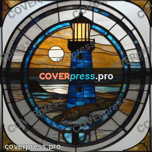 Stained glass illustration: lighthouse by the sea at night