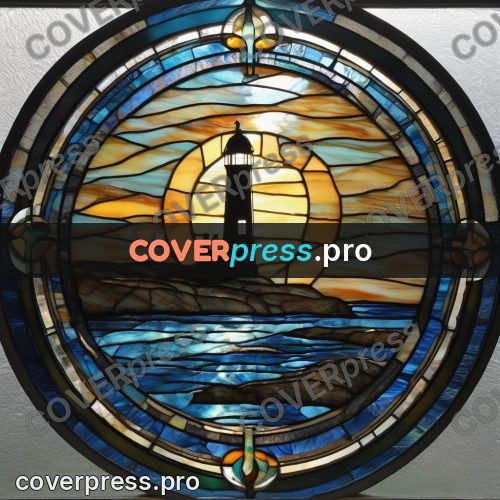 Stained glass illustration: lighthouse by the sea at night