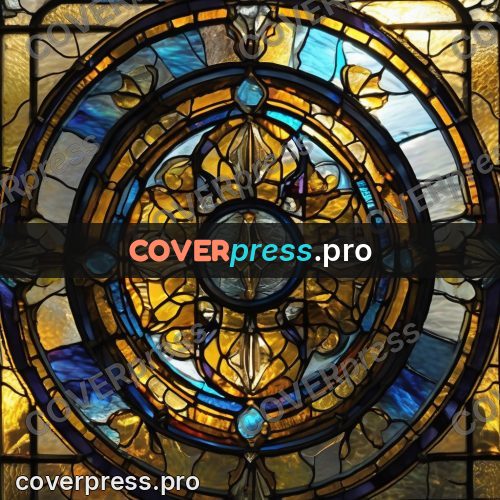Stained glass illustration: gold rose with crossing rays