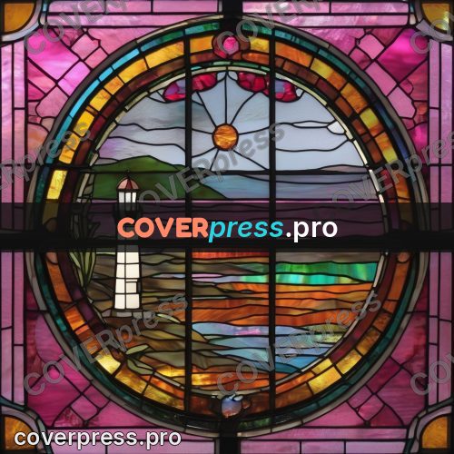 Stained glass illustration: lighthouse above a bay