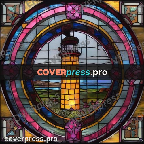 Stained glass illustration: lighthouse above a bay