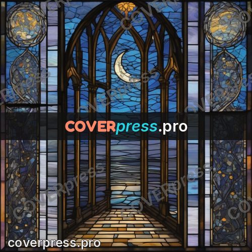Stained glass illustration: tall window with a gothic arch