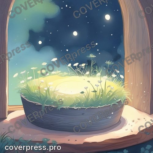 В стиле Книжка-сказка: круглый деревянный чан, в нём молочно-серая бумажная масса с плавающими волоконцами