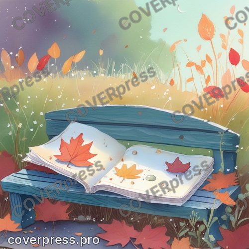 В стиле Книжка-сказка: улетевший лист приземлился на садовую скамью за окном, и прямо во влажную волокнистую