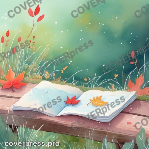 В стиле Книжка-сказка: улетевший лист приземлился на садовую скамью за окном, и прямо во влажную волокнистую