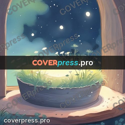 Fairy tale drawing: round window with a meadow
