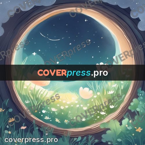 Fairy tale drawing: round window with a meadow
