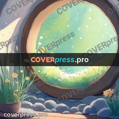 Fairy tale drawing: round window with a meadow