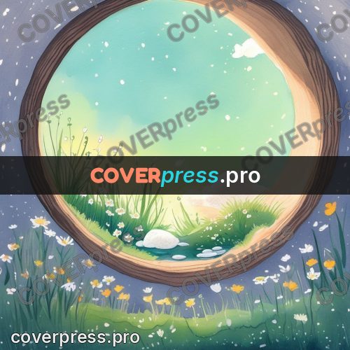 Fairy tale drawing: round window with a meadow