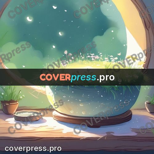 Fairy tale drawing: round window with a meadow