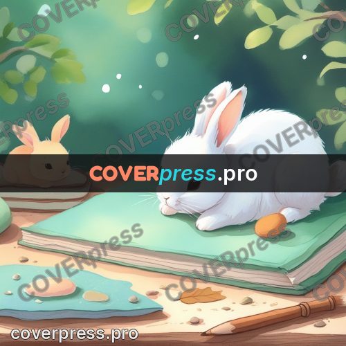 Fairy tale drawing: bunny among leaves and pages