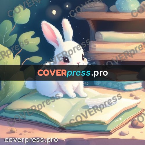 Fairy tale drawing: bunny among leaves and pages