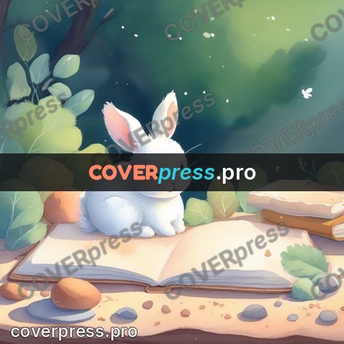 Fairy tale drawing: bunny among leaves and pages
