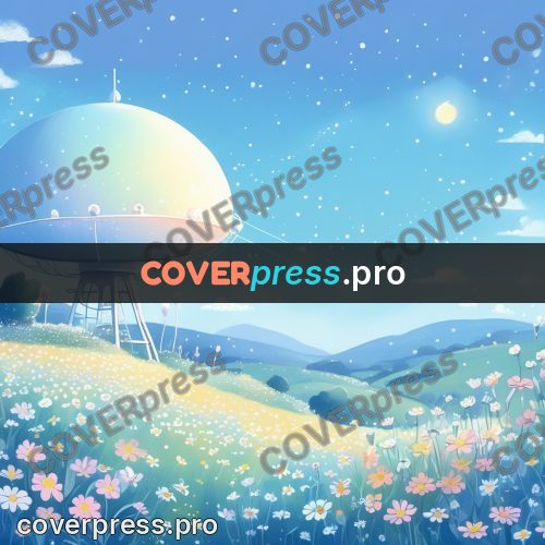 Fairy tale drawing: flowering meadow under pale sky