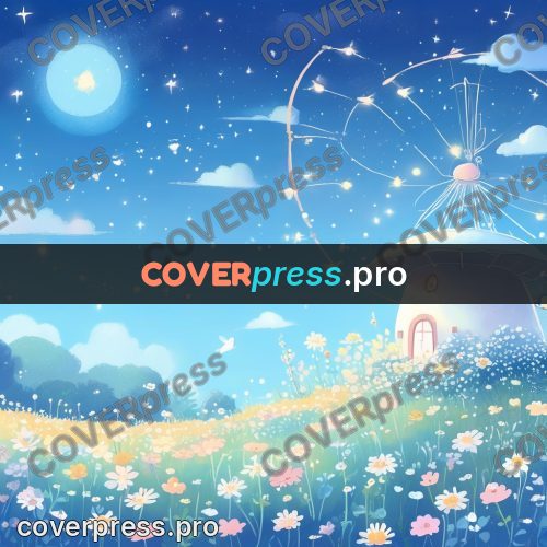 Fairy tale drawing: flowering meadow under pale sky
