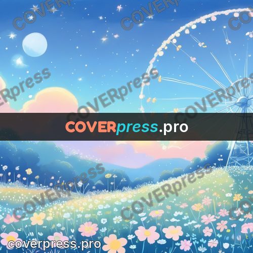 Fairy tale drawing: flowering meadow under pale sky