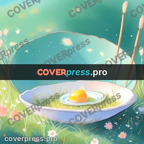 Fairy tale drawing: bowl on a saucer in grass