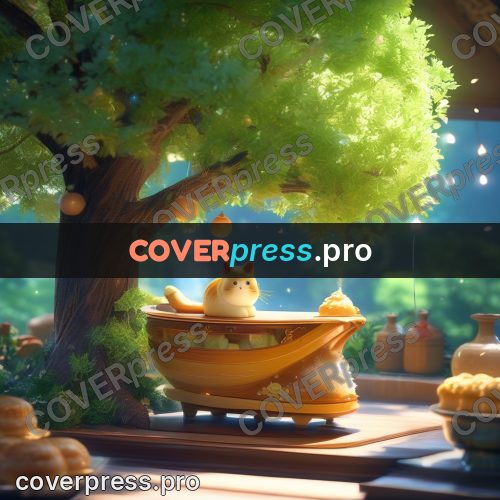 Fairy tale drawing: kitten under a green tree