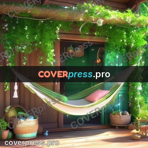 Fairy tale drawing: hammock in a green garden