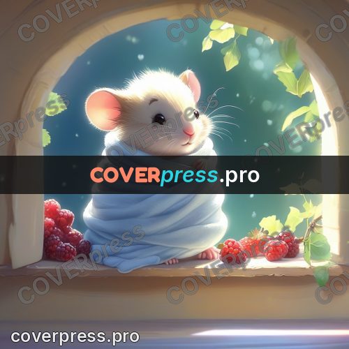 Fairy tale drawing: mouse with berries by a window