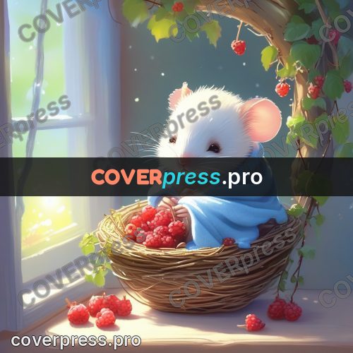 Fairy tale drawing: mouse with berries by a window