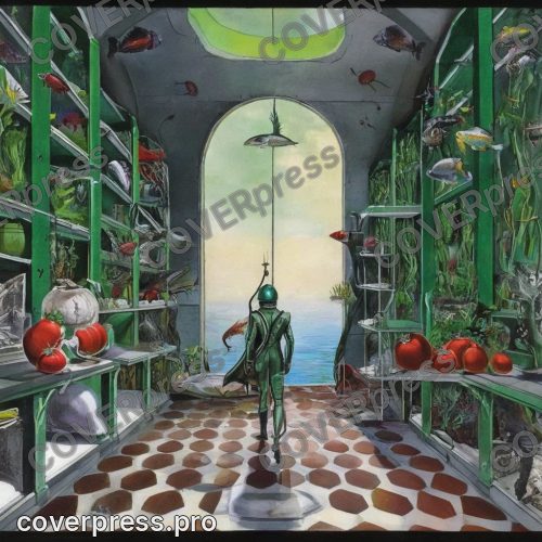 В стиле Сюрреализм: дальняя анфилада зала целиком под водой, в зеленоватой толще между полками медленно