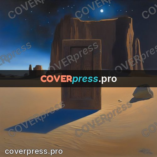 Surreal illustration: wooden door in a desert