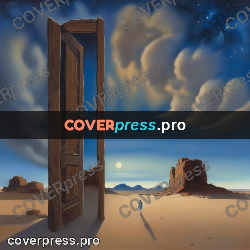 Surreal illustration: wooden door in a desert