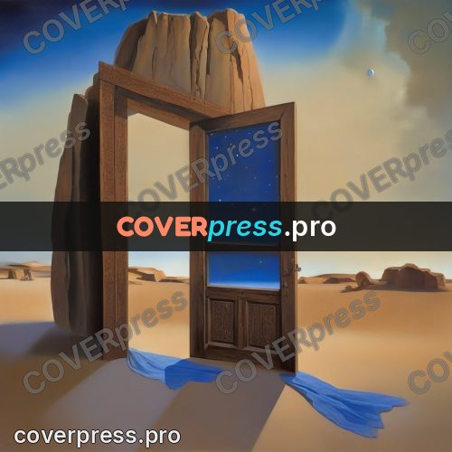 Surreal illustration: wooden door in a desert