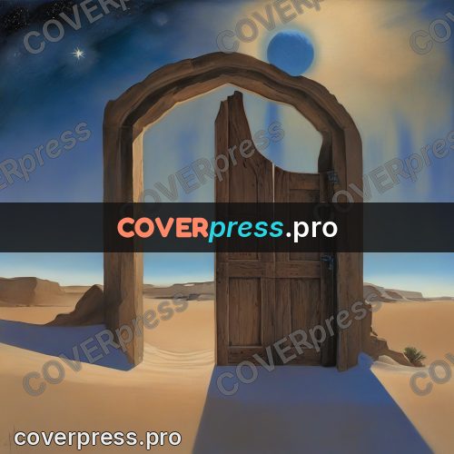 Surreal illustration: wooden door in a desert