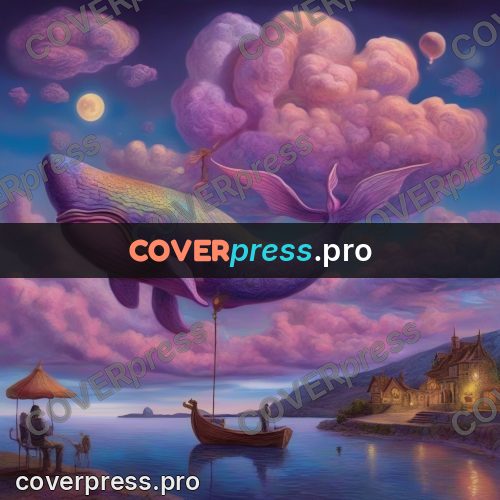 Surreal illustration: whale in pink clouds