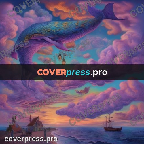 Surreal illustration: whale in pink clouds