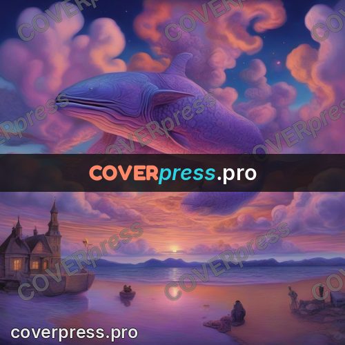 Surreal illustration: whale in pink clouds