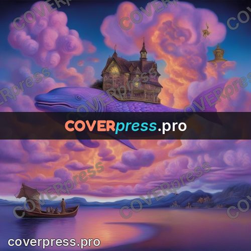 Surreal illustration: whale in pink clouds
