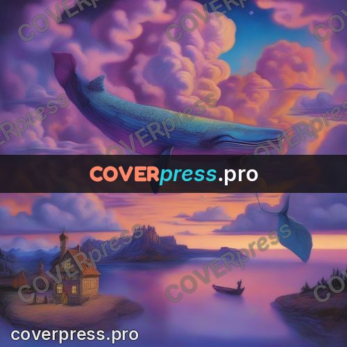 Surreal illustration: whale in pink clouds