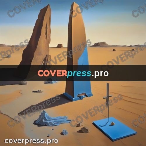 Surreal illustration: obelisk with a blue pool
