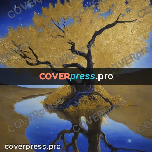 Surreal illustration: golden tree above water