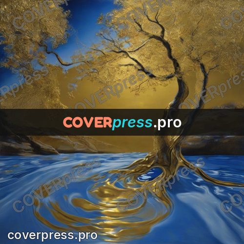 Surreal illustration: golden tree above water
