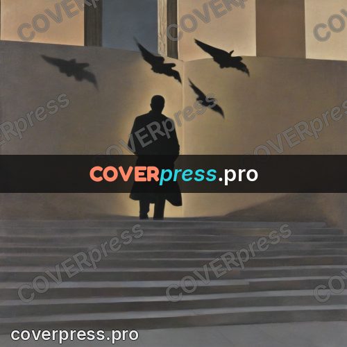 Surreal illustration: winged shadow by the stairs